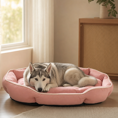 Husky resting on a large sofa pet bed by a window