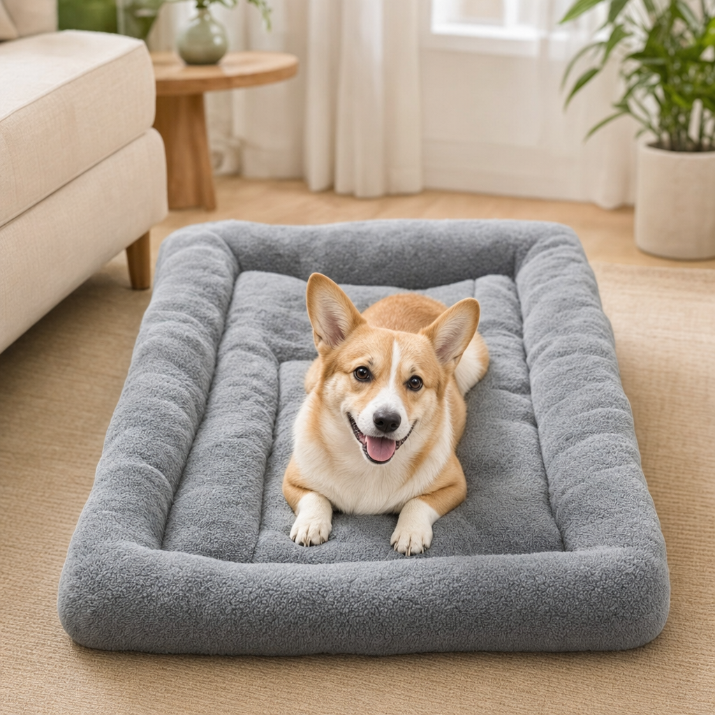 Corgi resting on an oversized plush couch bed