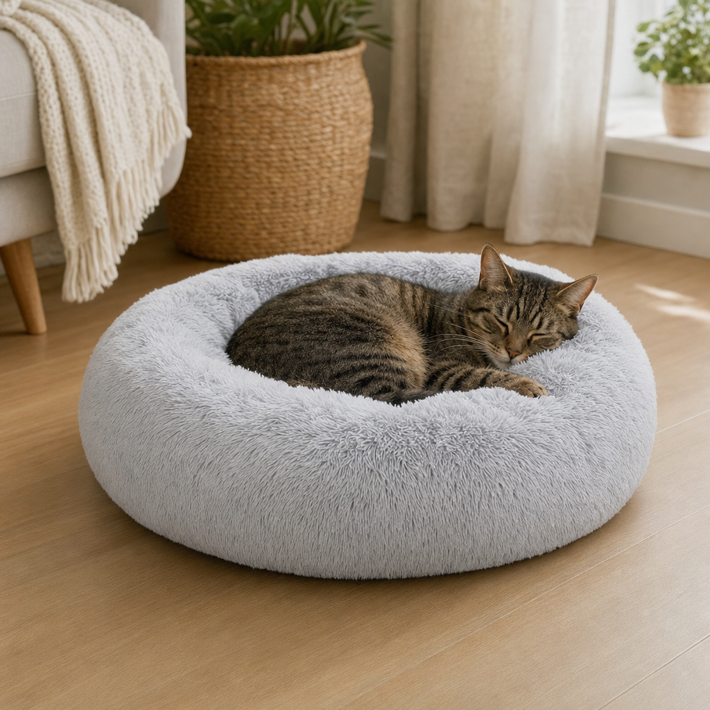 Cat curled in a round plush pet bed