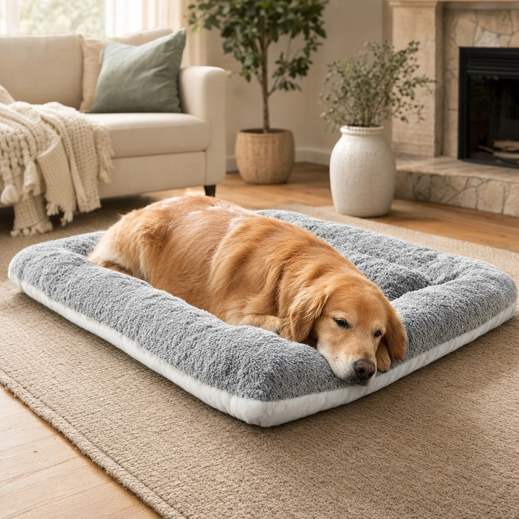 Large dog resting on an extra-large plush bed