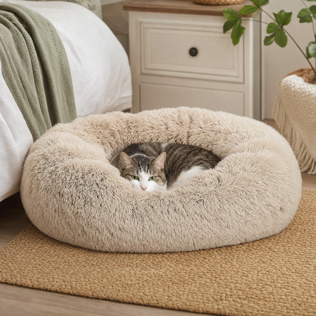 Cat curled in a round plush pet bed