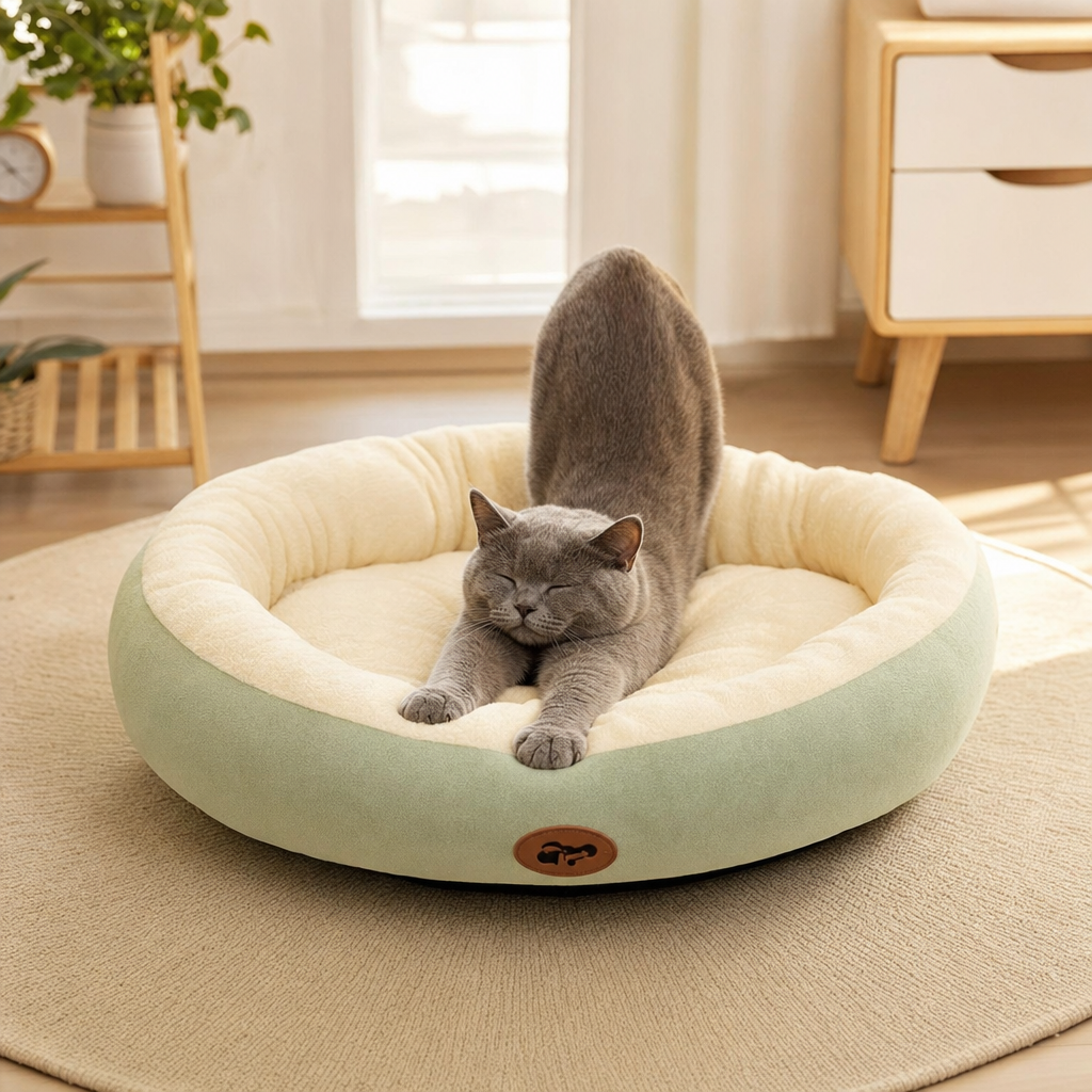 Cat stretching on an oval plush pet bed