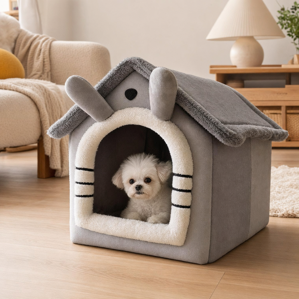 Small dog in a cozy house-shaped pet bed