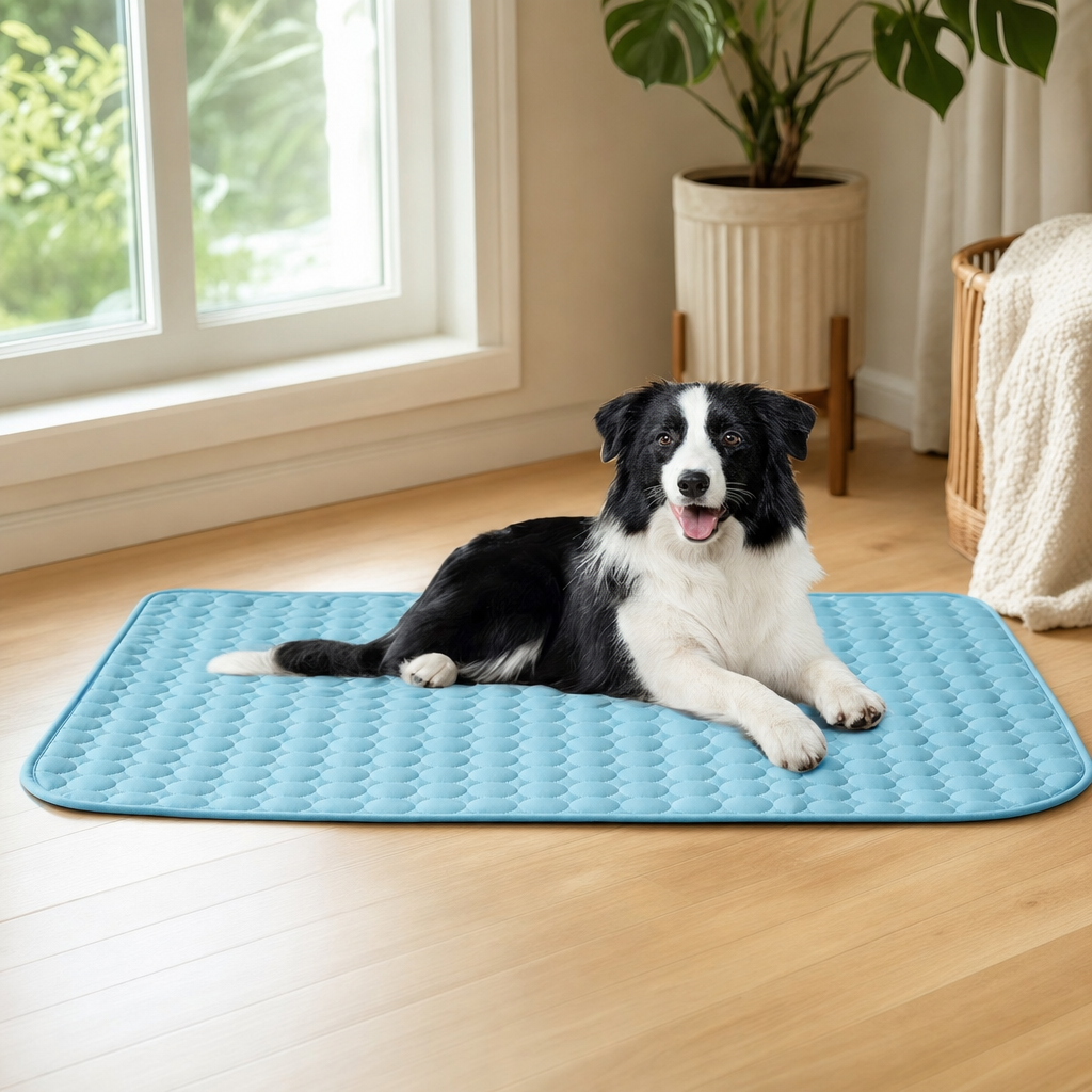 Dog relaxing on a cooling mat by a window