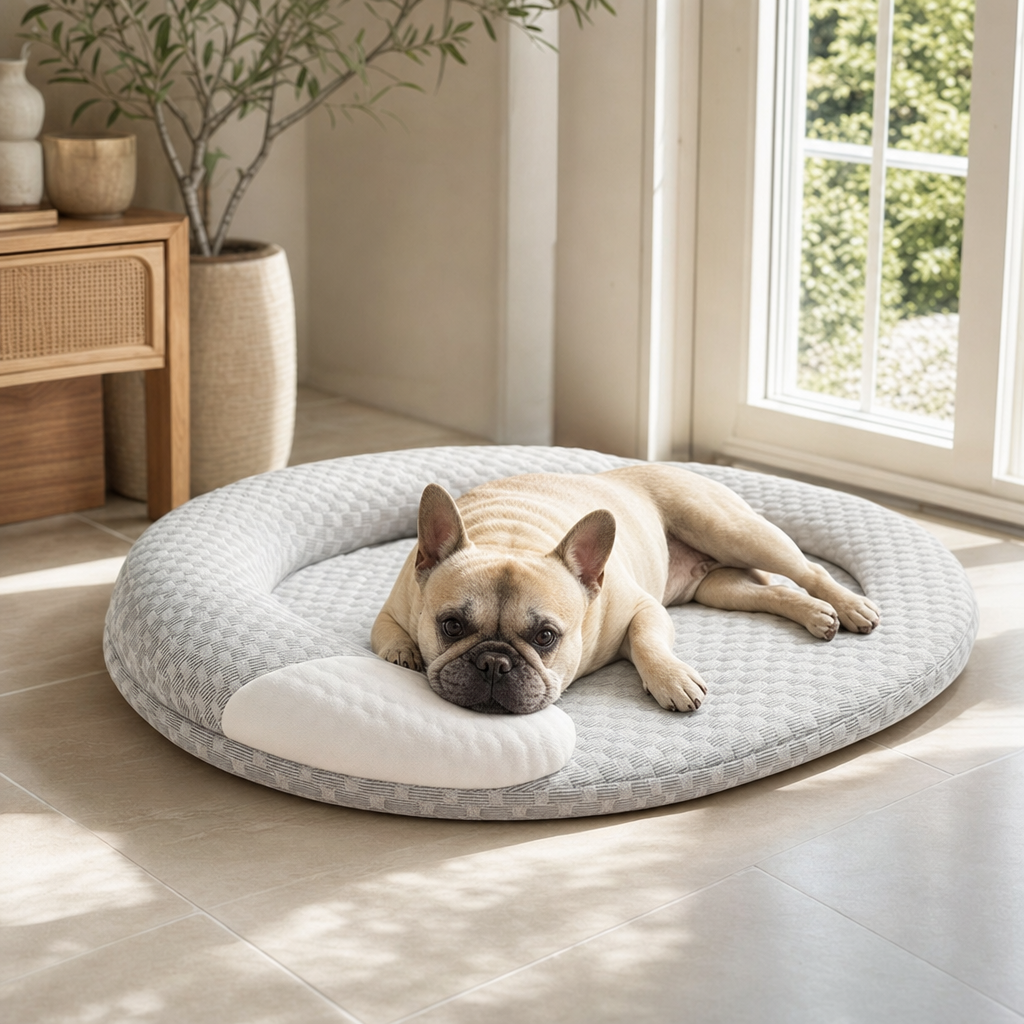 French Bulldog on an oval cooling pet bed