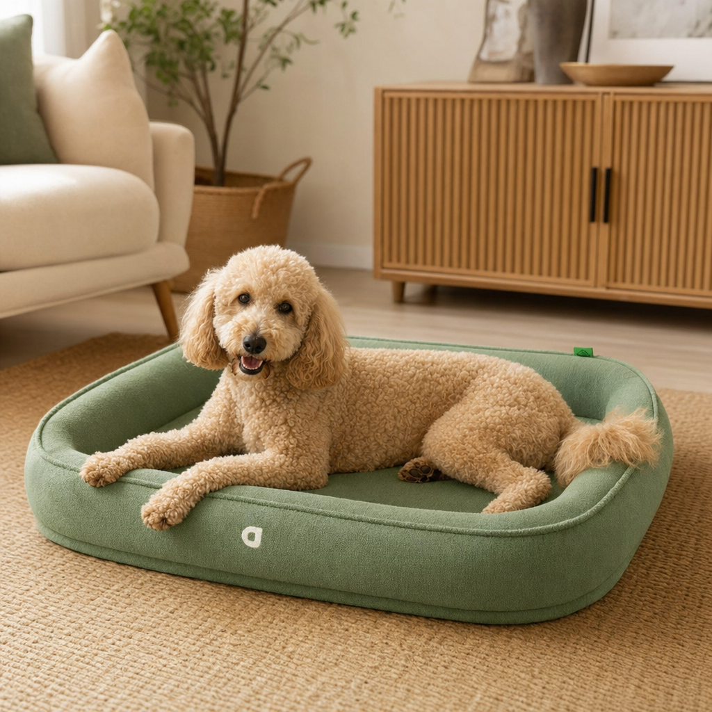 Poodle lounging on a large sofa-style dog bed