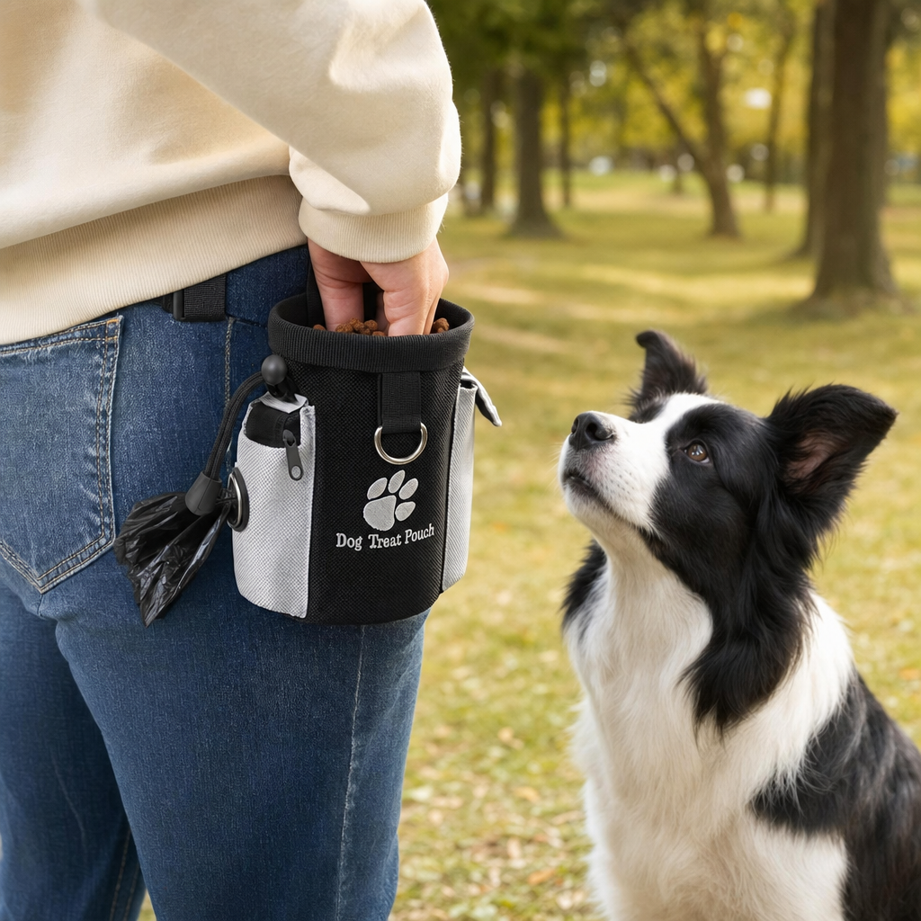 Dog treat pouch worn on the hip with an attentive dog
