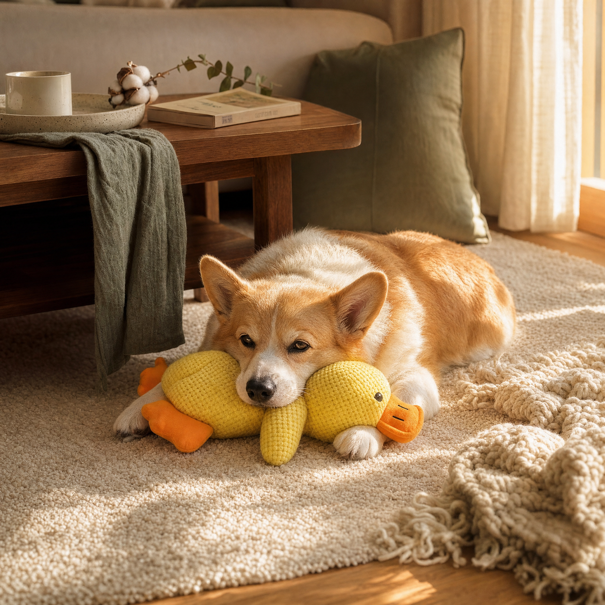 Dog resting with Quacking Duck Plush Dog Toy in cozy living room