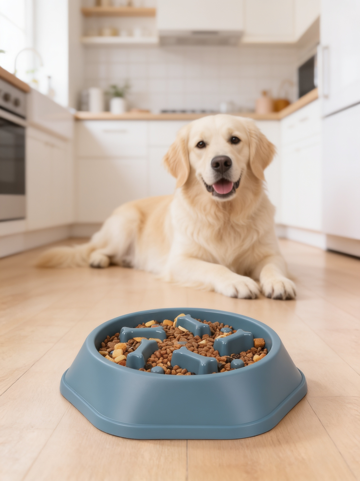 Happy dog with a blue Safe-Pace slow feeder bowl of kibble in a bright modern kitchen
