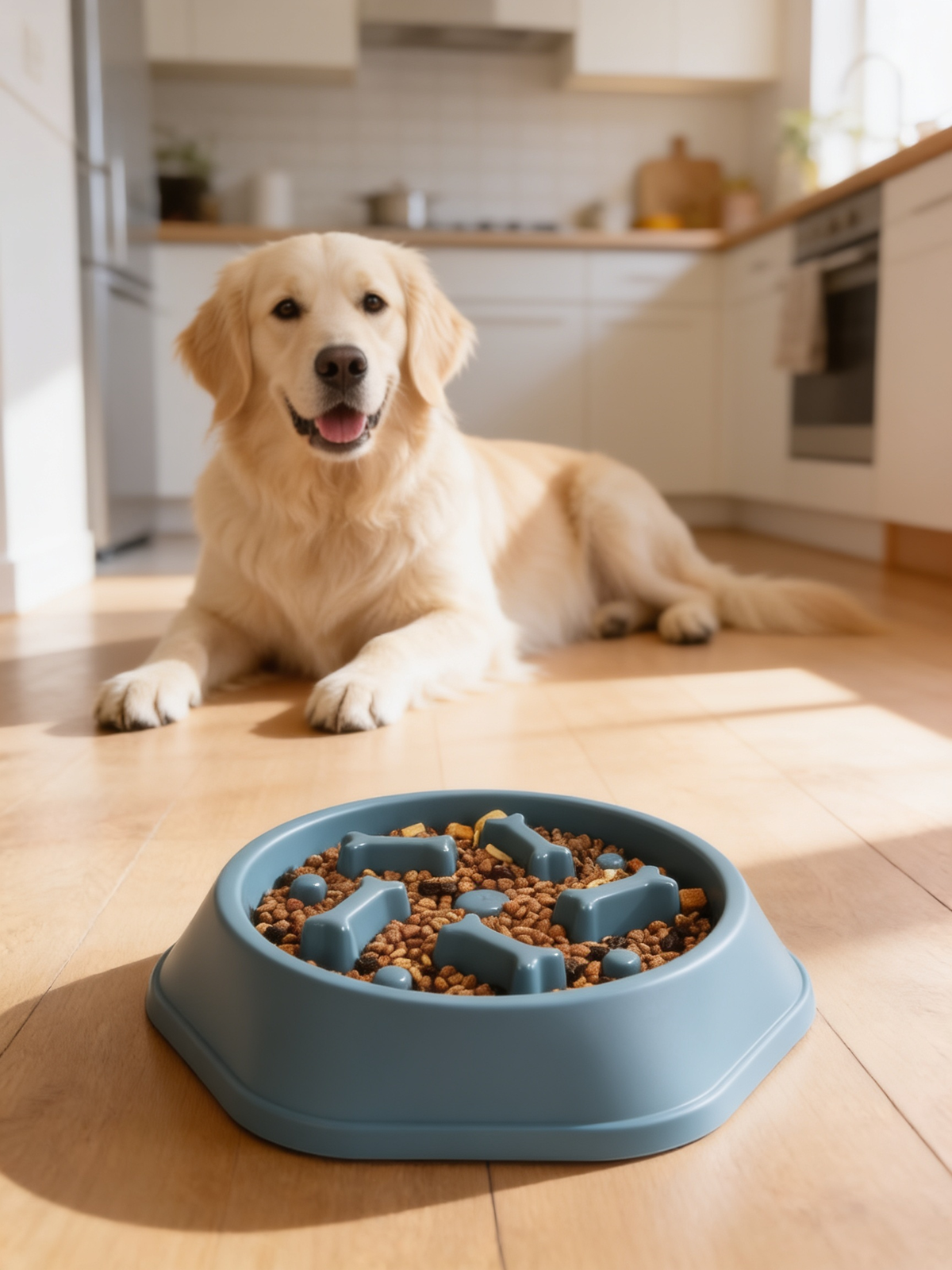 Golden retriever beside a blue Safe-Pace slow feeder bowl filled with kibble in a bright kitchen