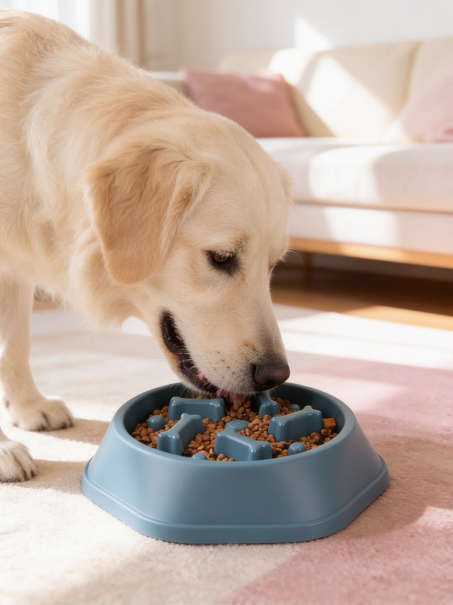 Dog nosing kibble from the ridges of a blue Safe-Pace slow feeder bowl