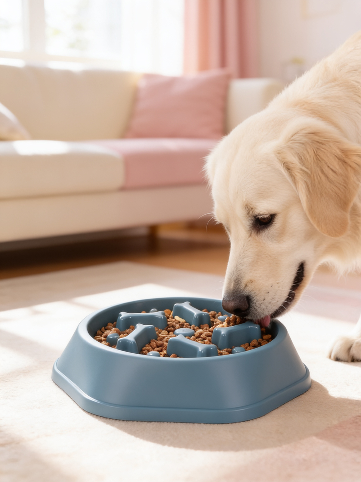 Dog eating from a blue maze slow feeder bowl that slows down fast eating