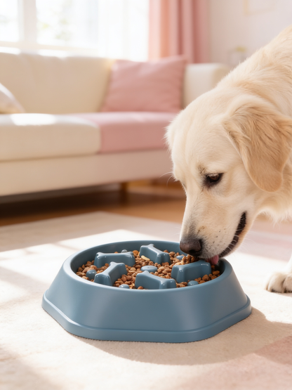 Dog eating from a blue maze slow feeder bowl that slows down fast eating