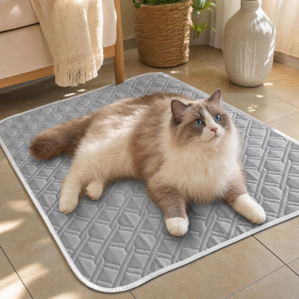 Cat resting on a gel cooling pad