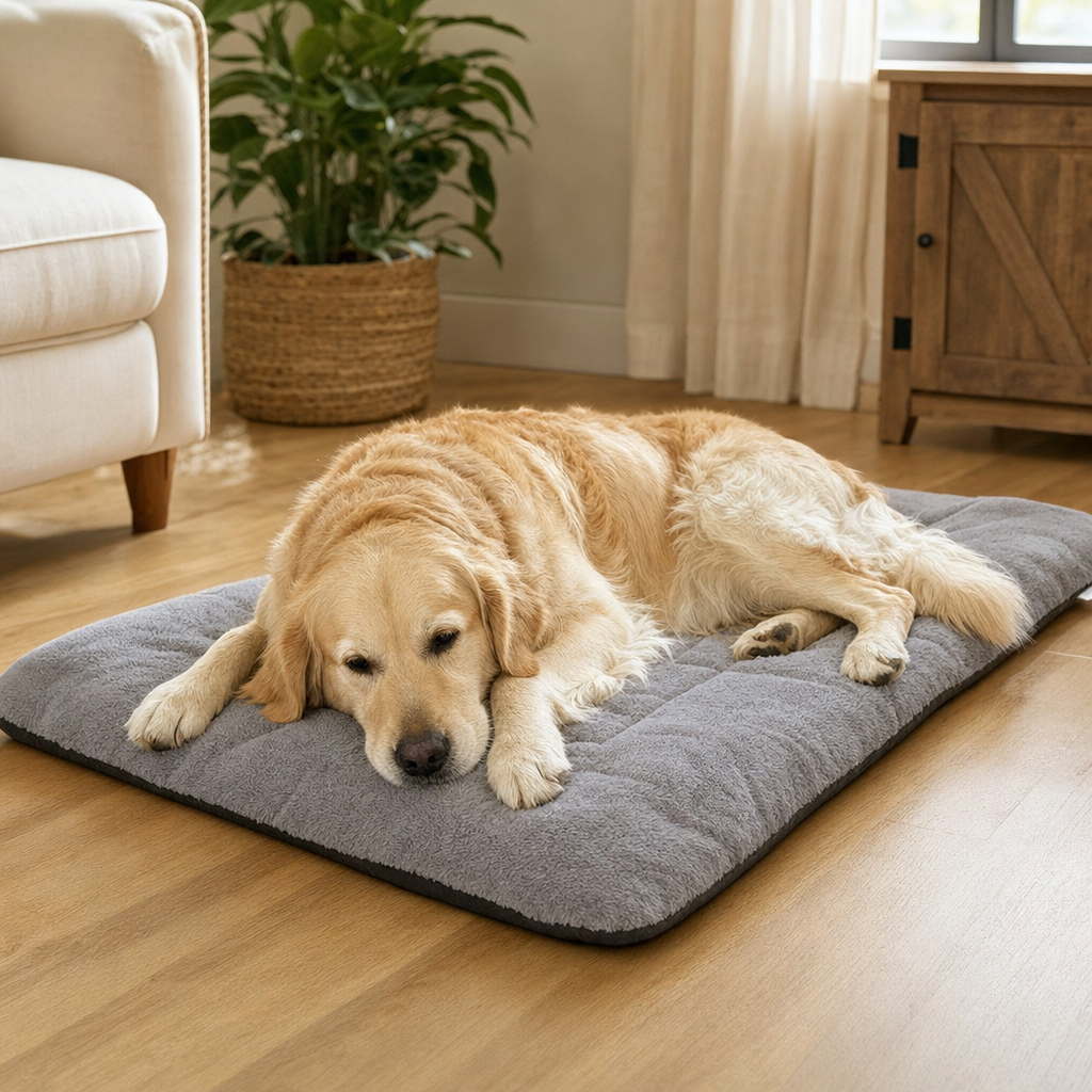 Dog stretched out on a plush bed mat