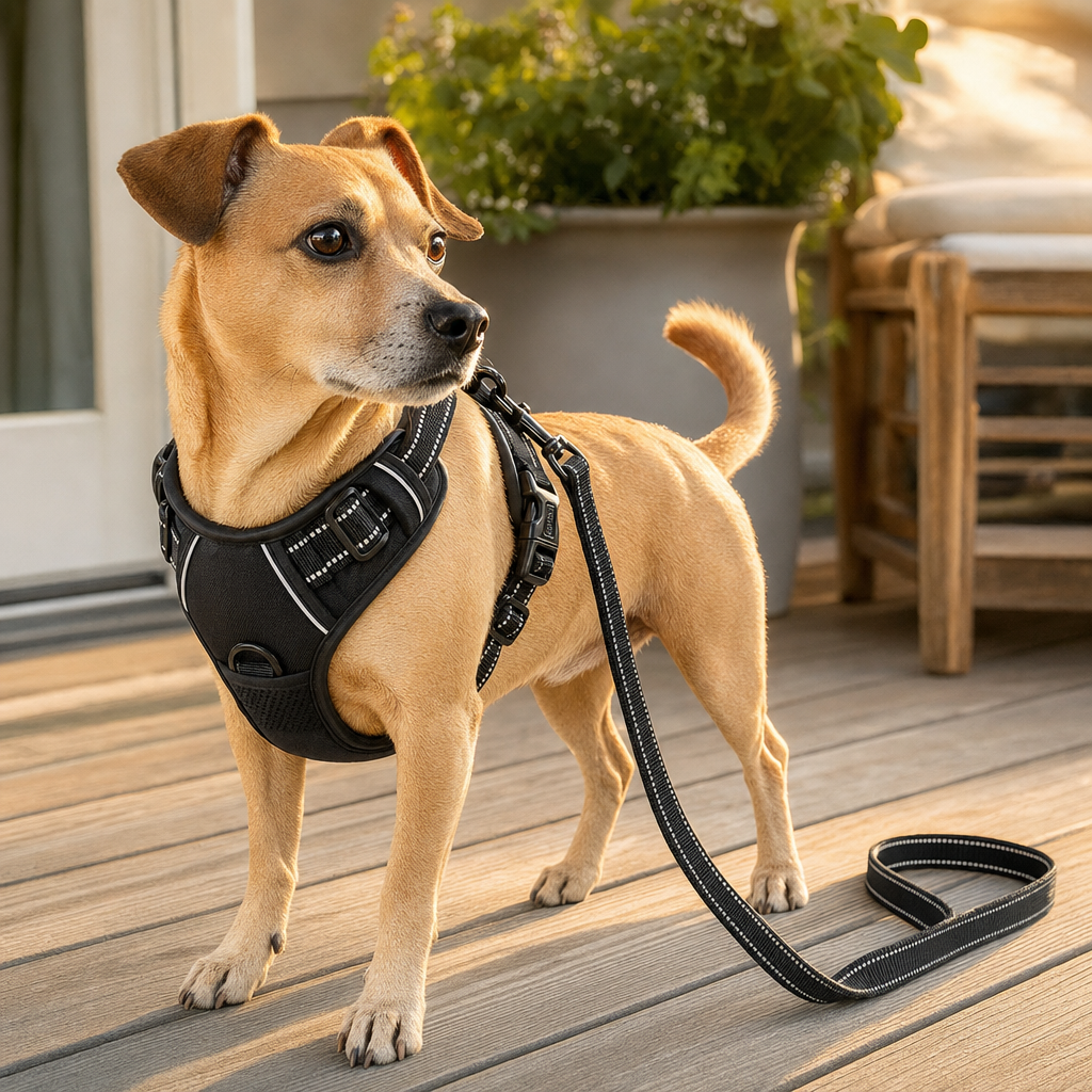 Dog wearing a padded harness and leash set