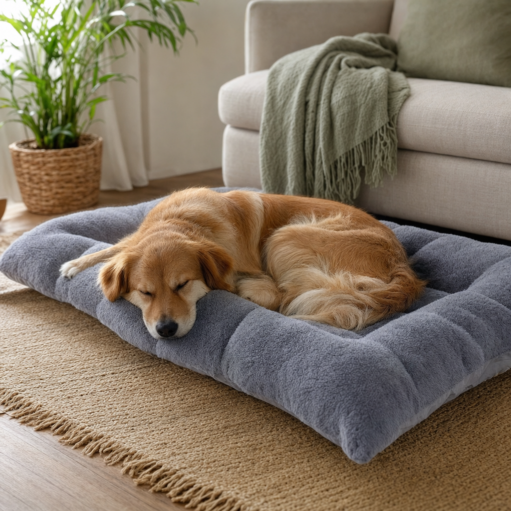 Dog sleeping on a large plush dog bed