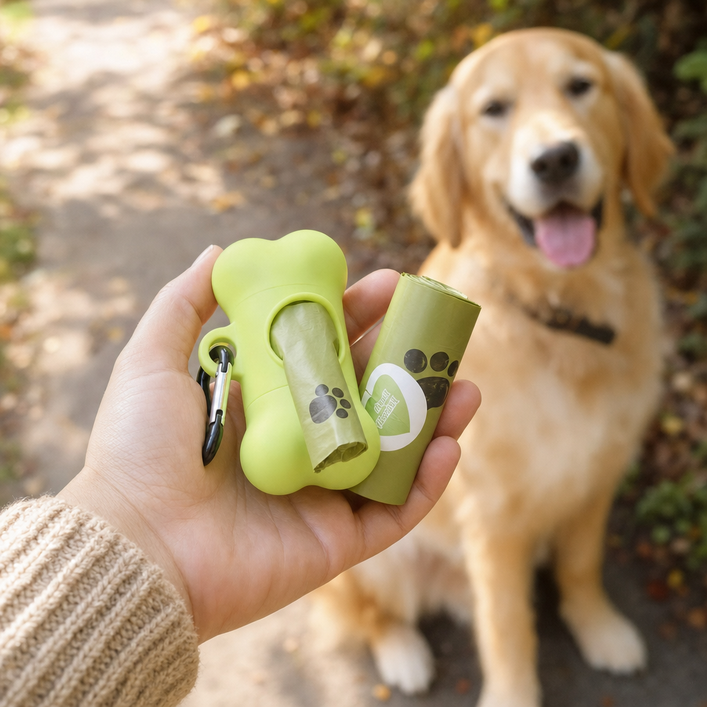 Hand holding a roll of dog poop bags on a walk