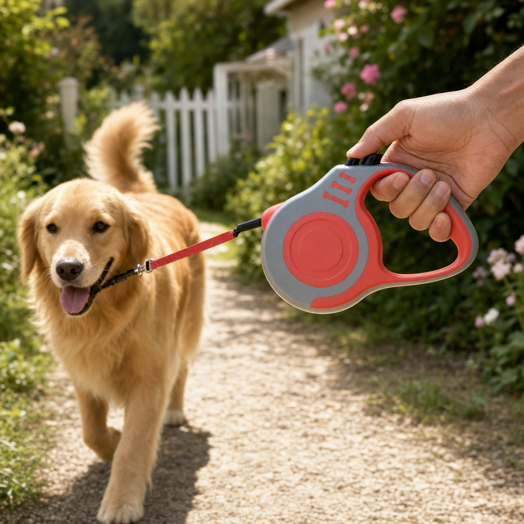 Golden retriever walking on a retractable leash